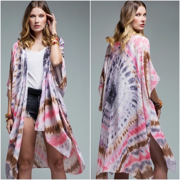 Bohemian Tie Dye Kimono Pink White Cover up - Picture 2 of 11